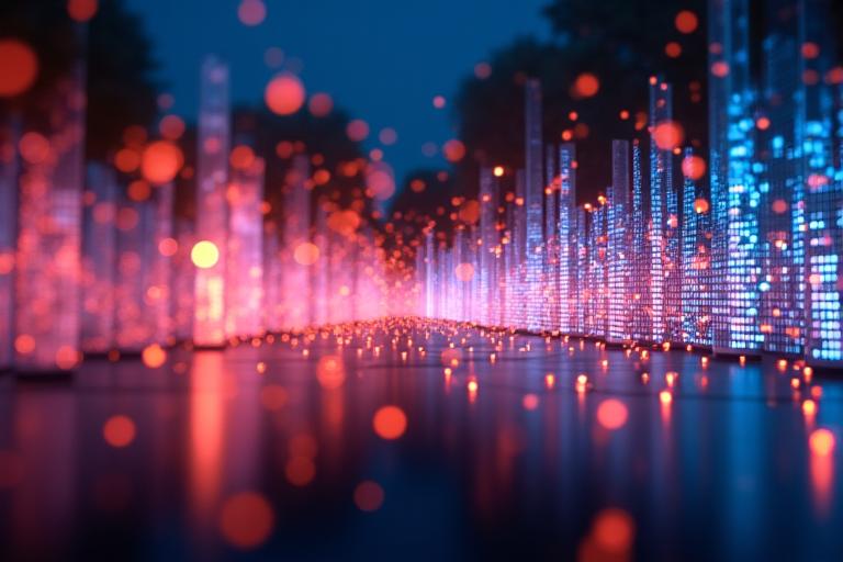 Abstract data visualization showing engagement metrics and social media trends, overlaid on a blurred image of festival art.
