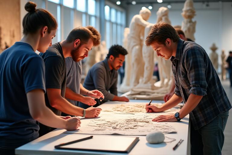 Renowned sculptor collaborating with Antheme Arc team on a large-scale festival art piece, showcasing creativity and partnership.