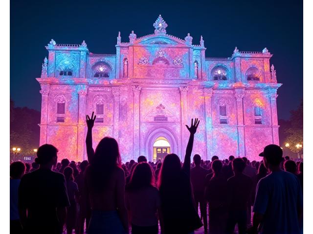 People interacting with a dynamic, glowing digital art projection on a building at night.