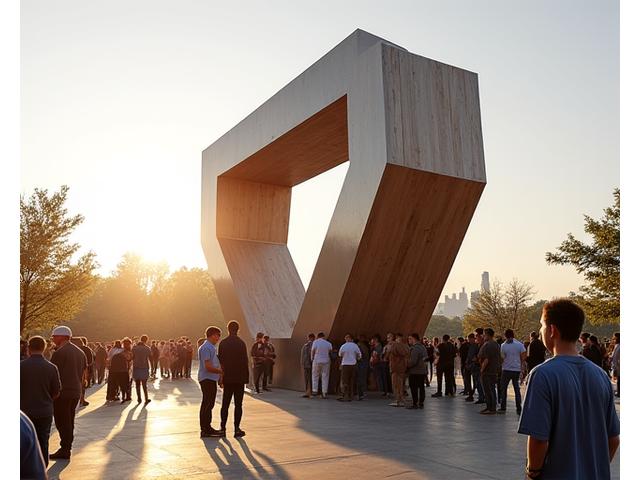 A large-scale, colorful, abstract sculpture dominating an outdoor festival space.