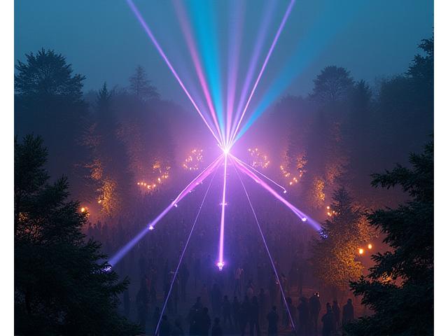 A vibrant light installation creating an ethereal glow in a dark festival environment, with beams of light piercing through mist.