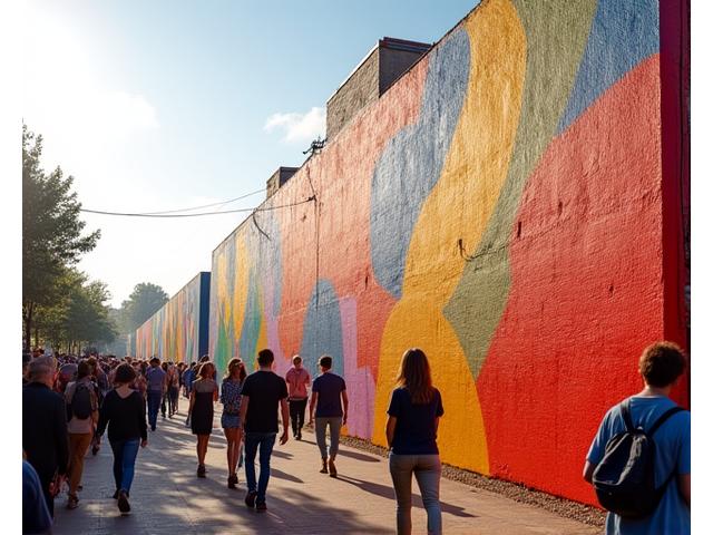 A large, colorful mural covering the side of a building, featuring abstract and vibrant patterns that match a festival theme.