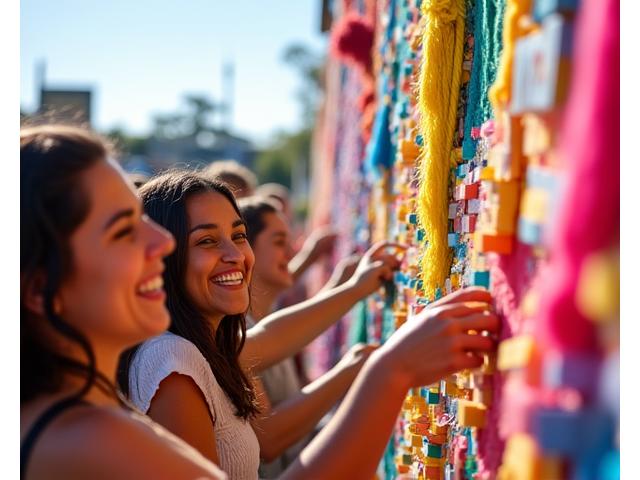 Festival goers adding their own colorful pieces to a collaborative art wall, showcasing audience engagement.