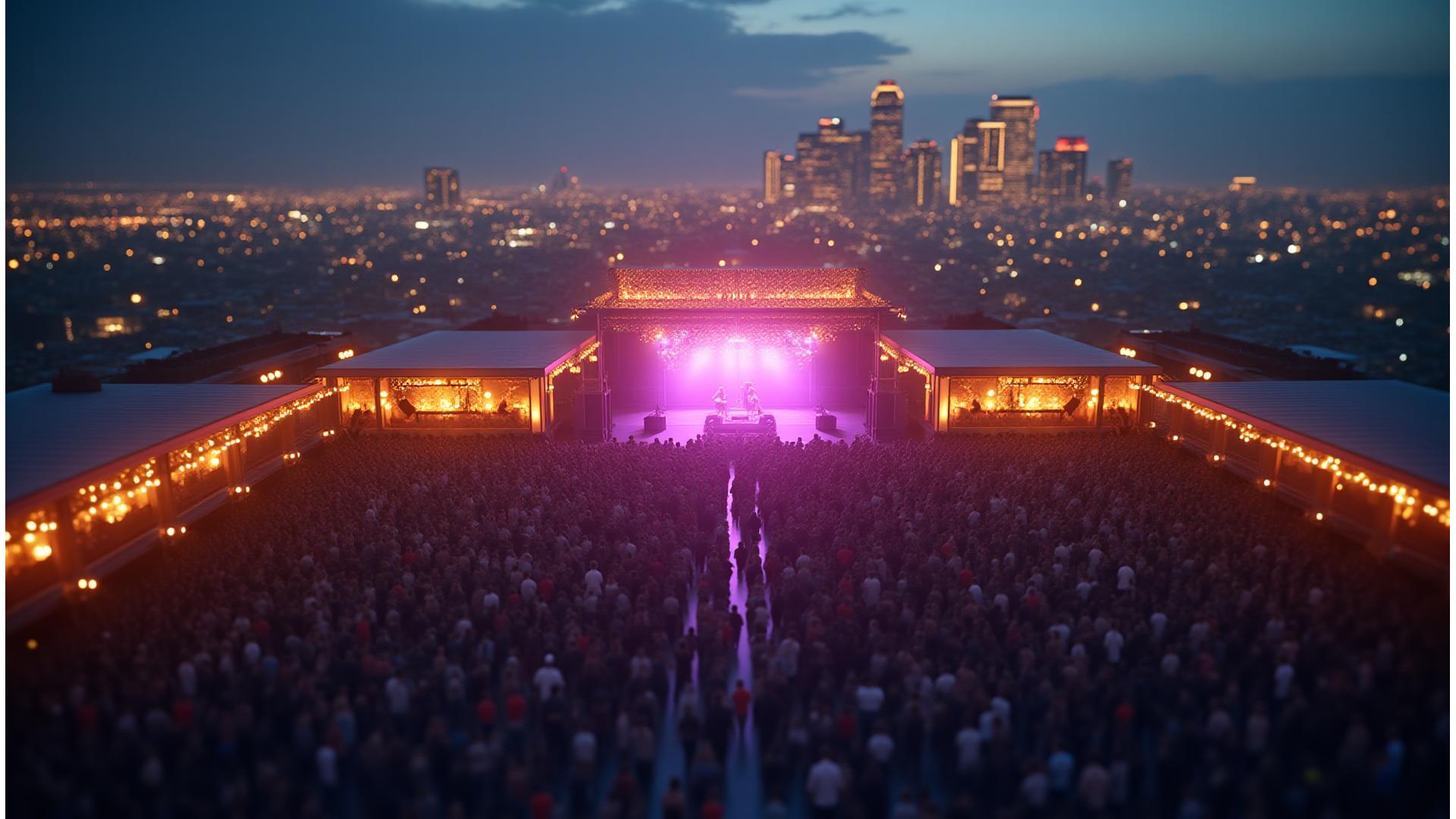 Stunning aerial view of an intimate festival set up on a high-rise rooftop at dusk, with city lights shimmering below, creating a sense of exclusivity and wonder.