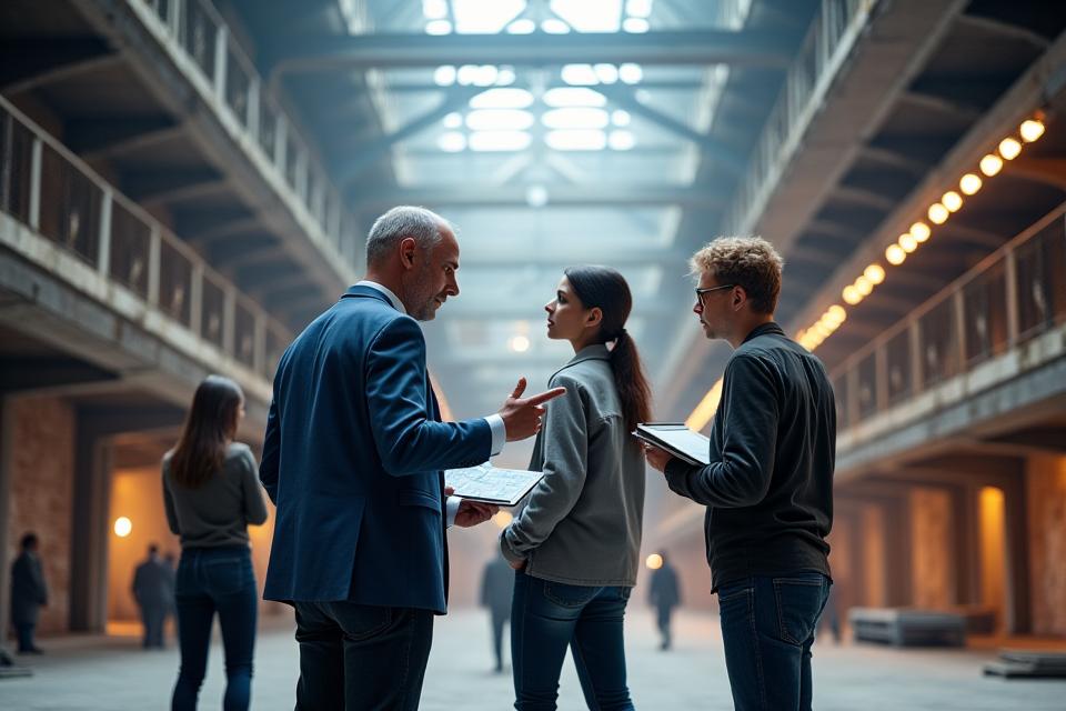 A team of event production professionals conducting a site visit at a sprawling, empty industrial building, surveying the space with blueprints and tablets, suggesting planning and potential.