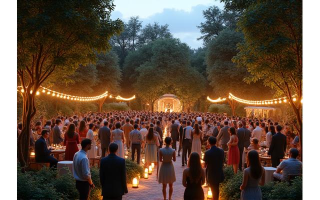 An elegant garden party festival scene at dusk, featuring live acoustic music, tasteful lighting, and attendees enjoying curated artisanal food and drink in a lush botanical setting.