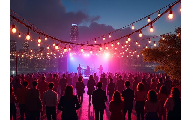 A vibrant rooftop festival at night, showing enthusiastic attendees, string lights, and a stage with a band against a backdrop of city skyscrapers.