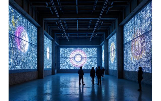 Inside a transformed industrial warehouse, a projection mapping art installation illuminates the vast space, with a small group of people admiring it, emphasizing the intimate and artistic.