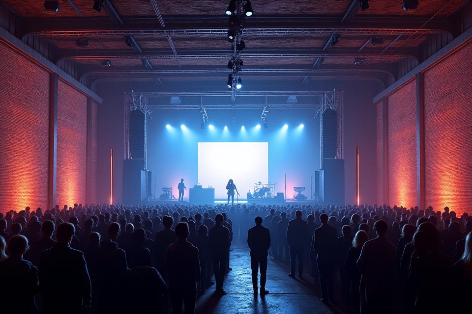 Interior of a former industrial warehouse transformed into a vibrant concert venue with professional lighting, a stage, and a small, engaged crowd, showcasing creative space utilization.