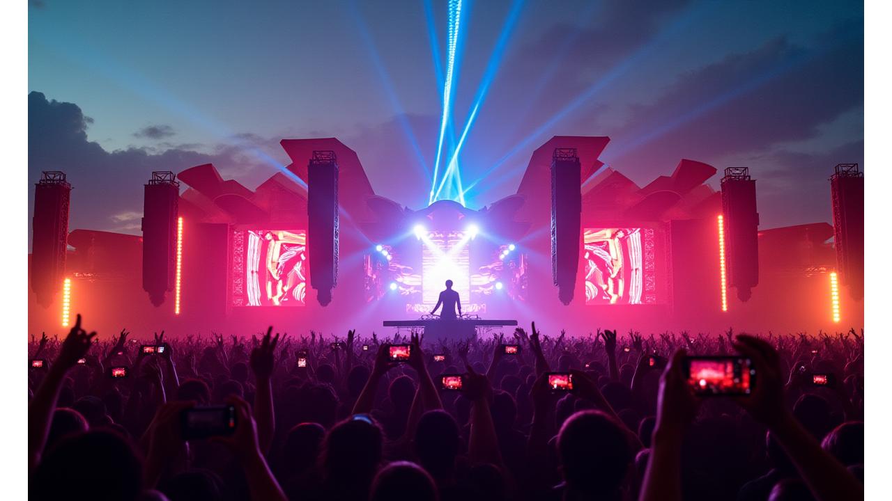 Dynamic festival crowd interacting with a dazzling, avant-garde stage design and vivid light show at dusk, capturing the energy of a legendary experience