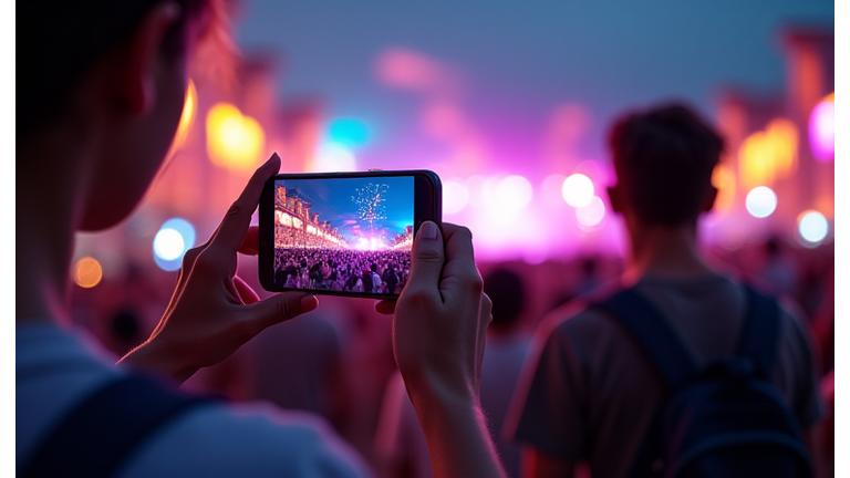 Festival goer holding up phone showing AR overlay of interactive festival map and digital art elements
