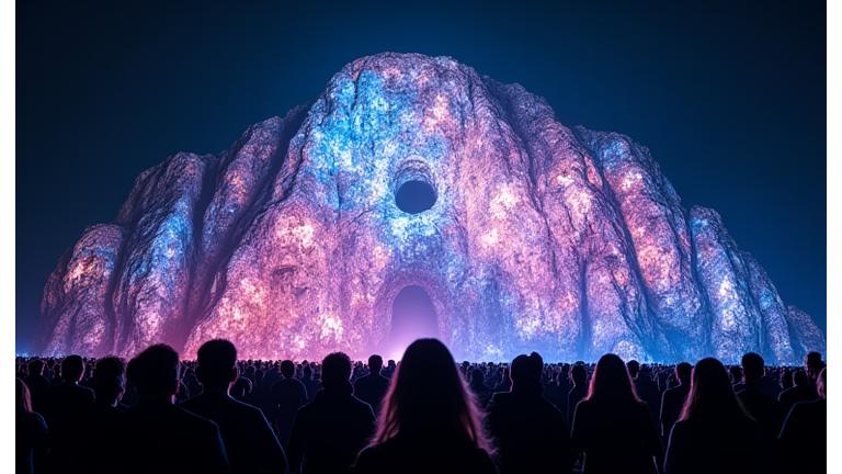 Large-scale projection mapping transforming a building facade with dynamic, colorful patterns at a festival