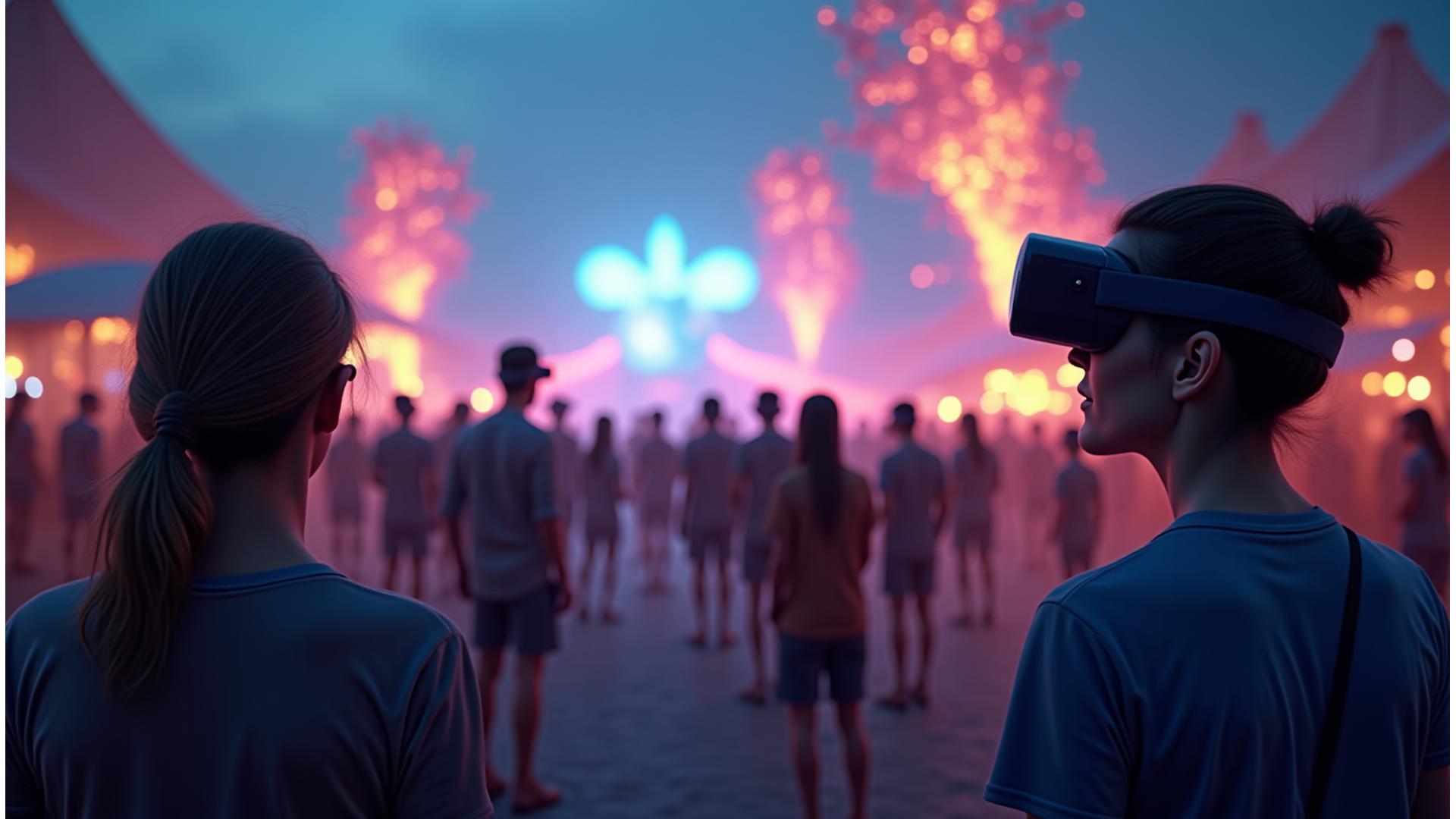 Futuristic festival goers with glowing VR headsets and AR overlays, vibrant digital art surrounding them