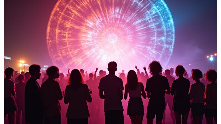 Crowd interacting with a motion-activated, glowing art installation