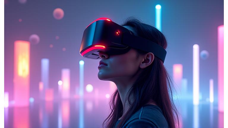 Person wearing a sleek VR headset in a vibrant, futuristic digital landscape