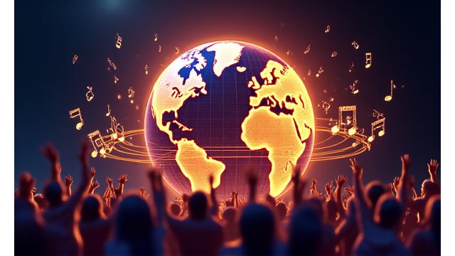 Globe with musical notes and diverse artist silhouettes, symbolizing international reach.