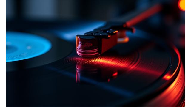 Close-up of a record player with a vibrant, glowing vinyl, symbolizing direct industry connections.