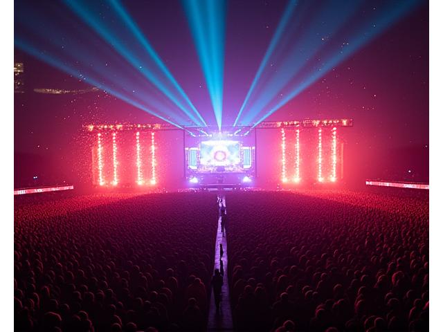 Aerial shot of a packed music festival crowd at night with vibrant laser lights and confetti, titled 'Glowtopia Festival 2023'.