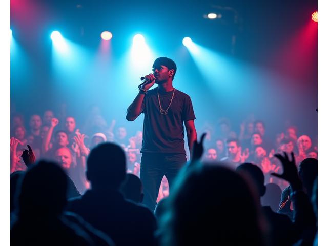 Energetic hip-hop artist performing on a dynamic stage with a captivated urban crowd, titled 'Urban Pulse Fest'.