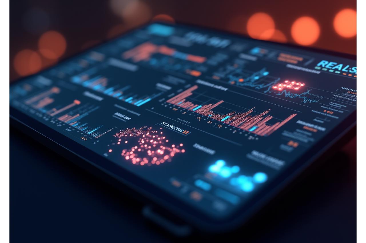 A sleek, dark-themed analytics dashboard interface displaying festival metrics like attendance trends, concession sales, and crowd density heatmaps with glowing data points