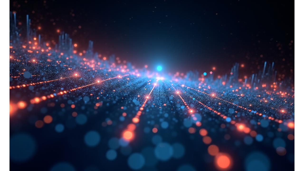 Futuristic holographic visualization of festival data points and audience engagement metrics, floating in a dark, dynamic space