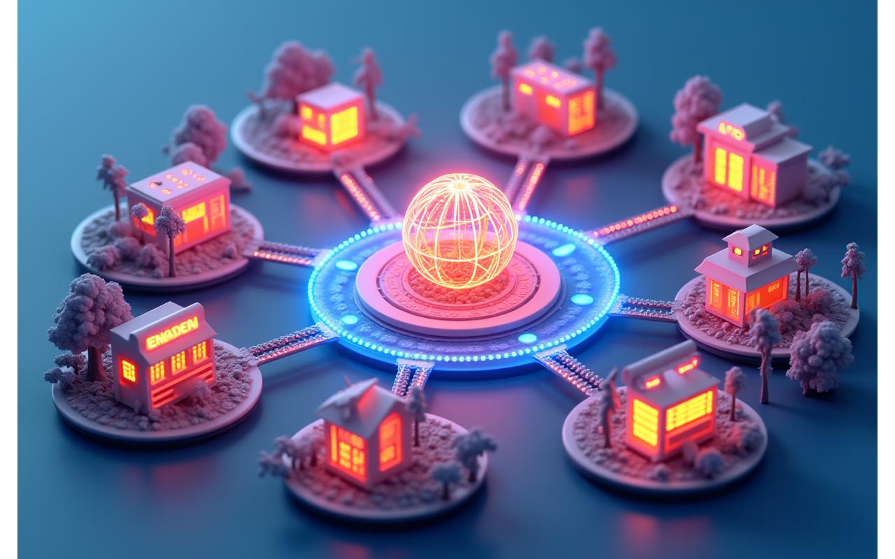 Illustration of interconnected data nodes flowing from various festival elements like stages, ticketing, food vendors, and social media icons, all converging into a central analytics hub