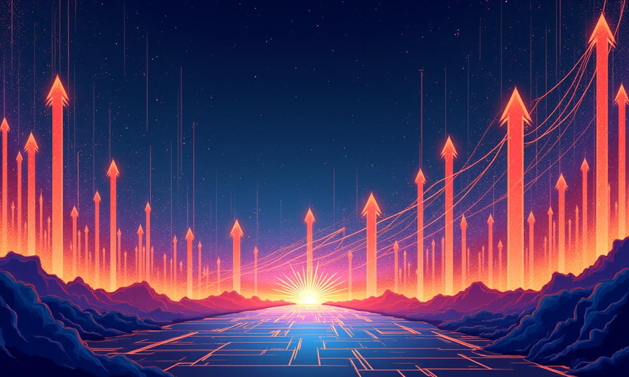 Illustration of a growth chart transforming into a vibrant, futuristic festival landscape, symbolizing evolution and progress