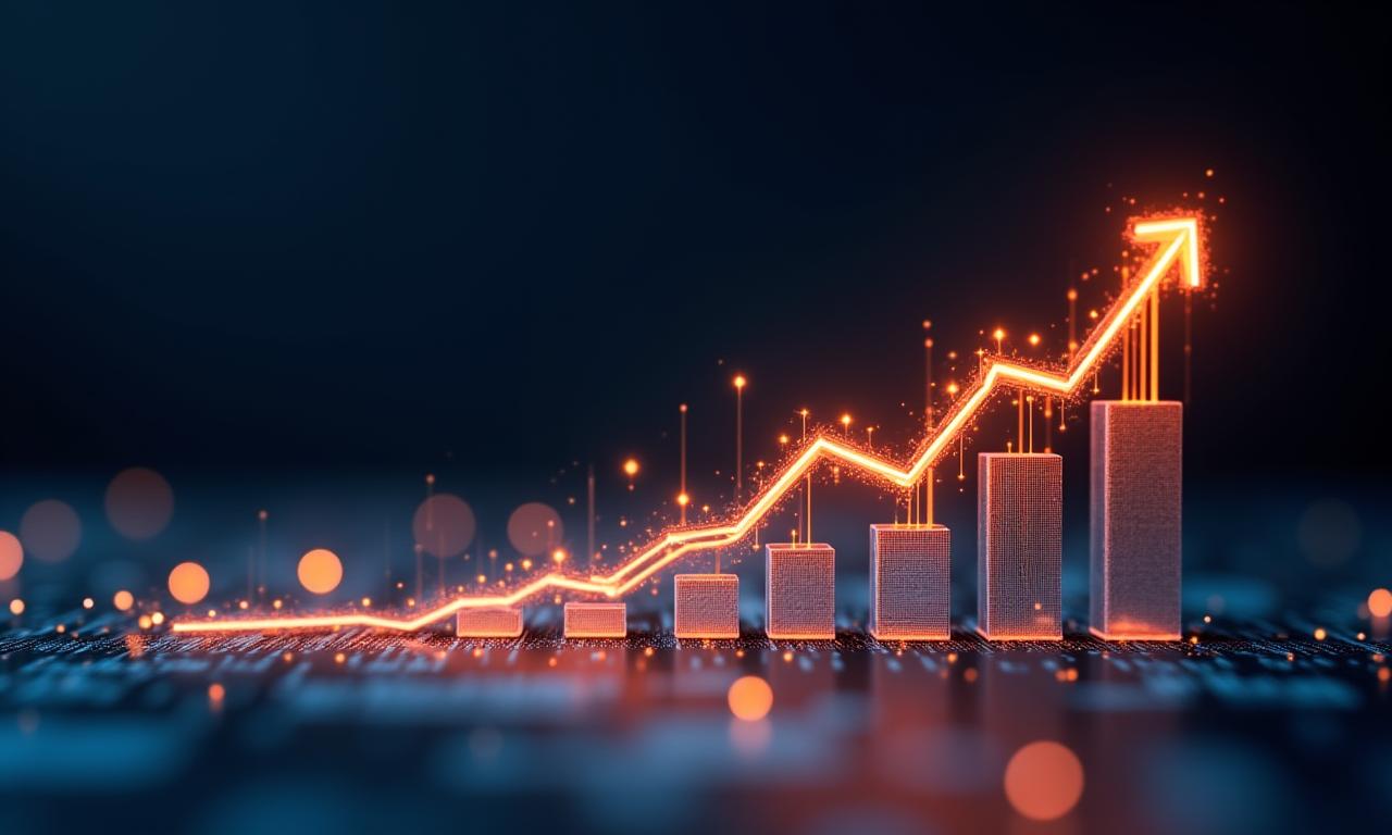 Abstract financial graphic depicting growth charts, coins, and percentage increases, illuminated by a dynamic glowing line, symbolizing strong ROI