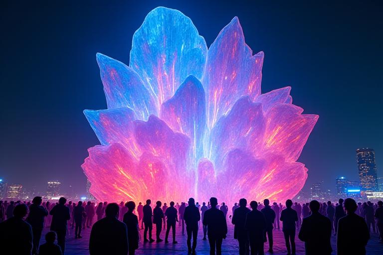 A large, radiant, interactive art installation at a night festival, with people interacting and gazing at its glowing forms