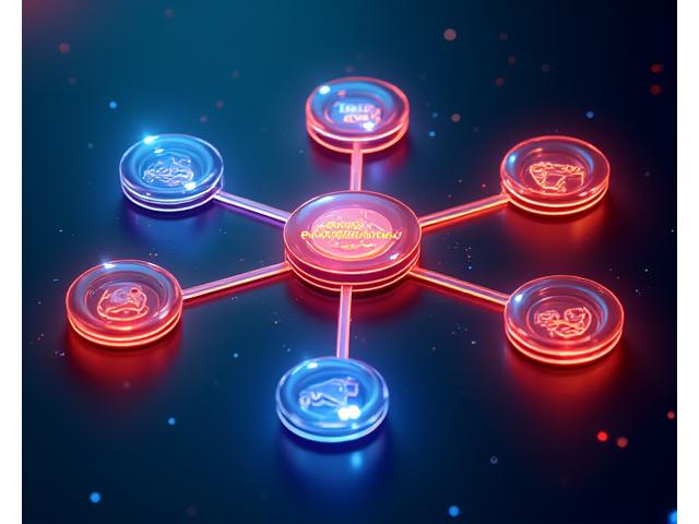 Dynamic 3D rendering showing interconnected icons representing music, sound, stage, VIP, art, analytics services, all flowing into a central 'festival' hub