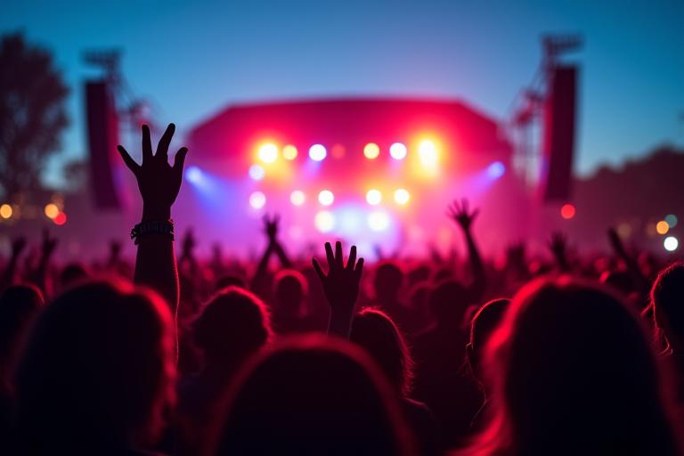 Energetic crowd at an outdoor music festival with a stage in the background, bathed in vibrant concert lights