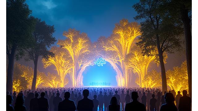 An immersive stage resembling a bioluminescent forest, with glowing organic shapes and ethereal lighting effects.