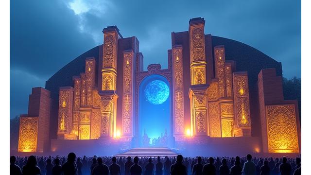 A grand festival stage designed with celestial and ancient temple motifs, brightly lit at dawn.