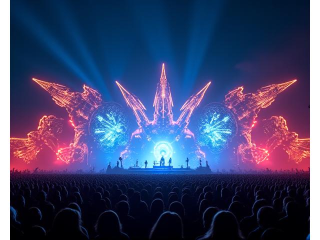 A breathtaking, futuristic festival main stage at night, illuminated by intricate laser patterns and projection mapping, with a large, engaged crowd