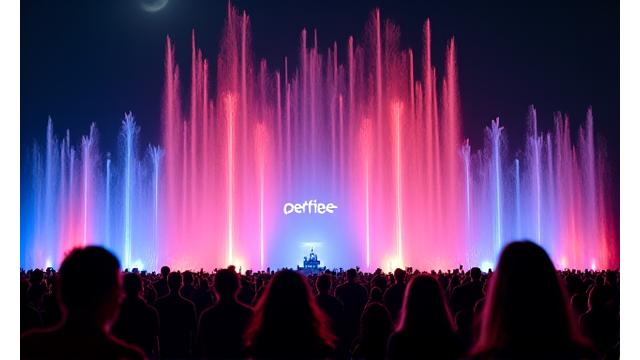 A stage with integrated water features and mist projectors creating a 'hydro-sonic' spectacle at night.