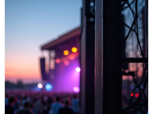 Advanced line array speakers suspended over a large festival stage