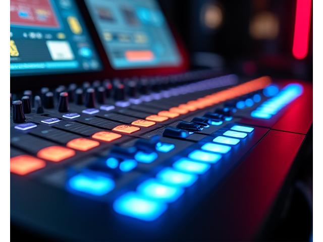 Digital mixing console with glowing faders and screens in a dim control room
