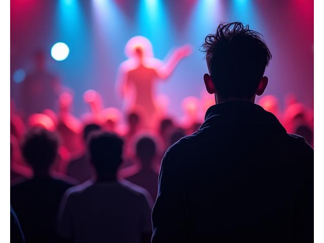 Musician performing on stage with clear stage monitor speaker in foreground