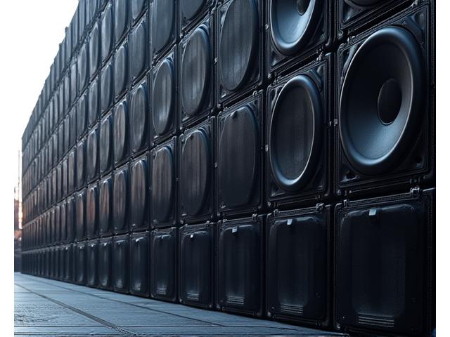 Powerful subwoofer array stacked on a festival stage