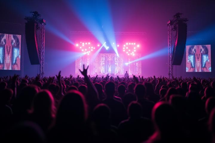 Audience interacting with responsive light panels on a stage