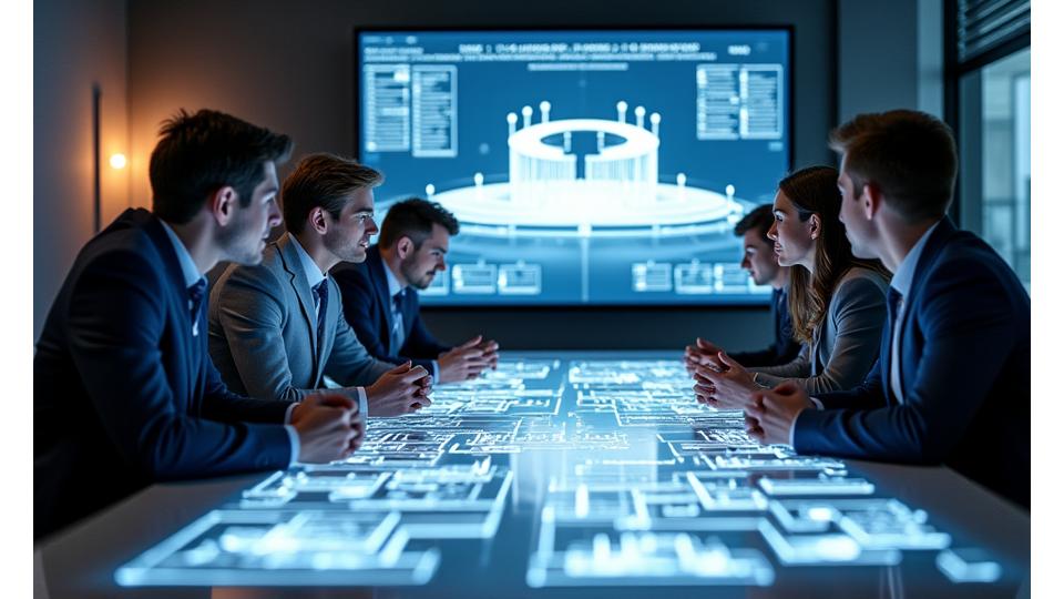 Anthem Arc team reviewing architectural blueprints and 3D renderings
