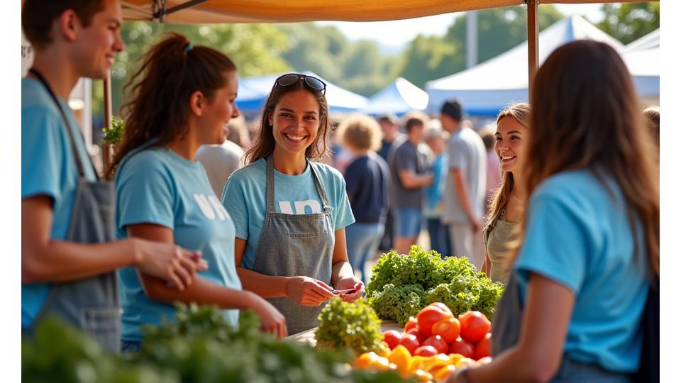 A diverse group of cheerful festival volunteers, some wearing reflective vests, working alongside local farmers at an on-site farmers market stand within a festival, showcasing community integration.