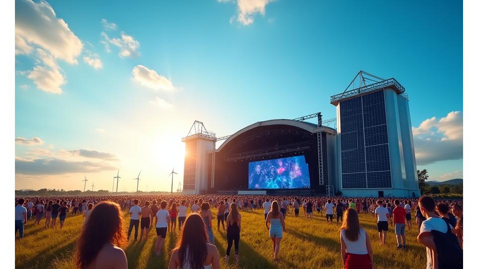 A large, modern solar panel array prominently positioned near a festival stage, showcasing the commitment to renewable energy, with a vibrant festival crowd in the background.