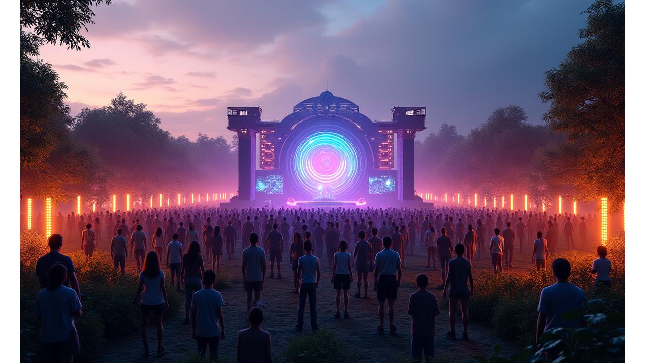 Panoramic view of a vibrant, eco-conscious music festival, with stages powered by solar panels, lush greenery integrated into the design, and attendees engaged in sustainable activities.
