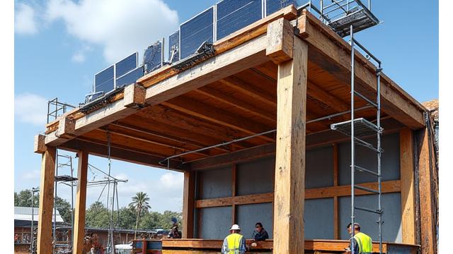Skilled workers constructing a large festival stage using visible reclaimed timber and modular, interlocking metal structures, with solar panels partially visible on the roof.