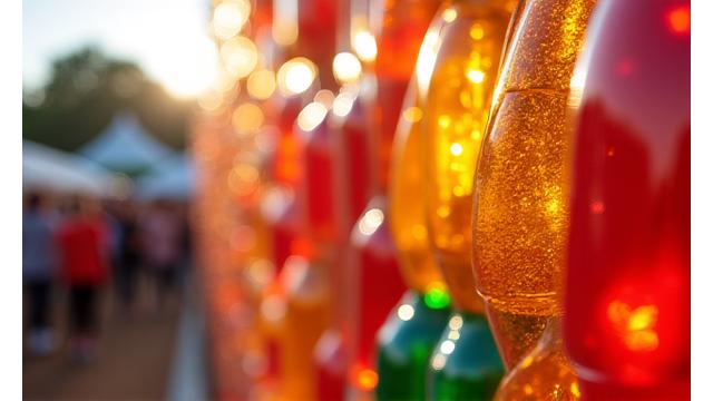 Close-up of a decorative wall at a festival composed entirely of colorful recycled plastic bottles, demonstrating creative reuse and resourcefulness.
