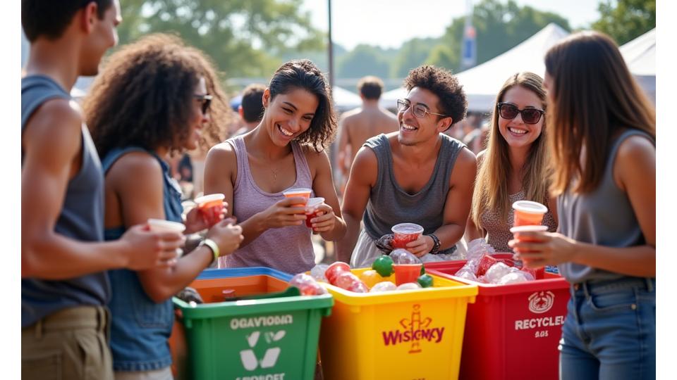 Attendees enthusiastically sorting waste at clearly marked recycling and composting bins at a music festival, with a vibrant, clean environment in the background.