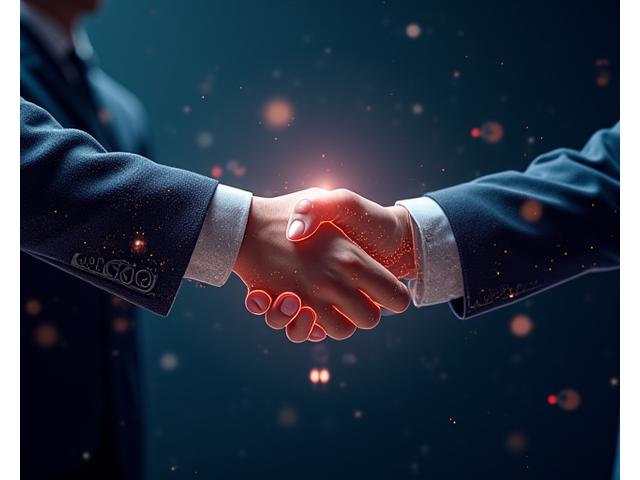 Abstract depiction of digital documents and a handshake, symbolizing clear contractual agreements and partnership.