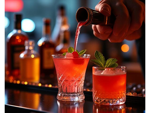 Exclusive bar area with mixologists crafting unique cocktails, premium spirits, and sophisticated lighting, set within a vibrant VIP section.