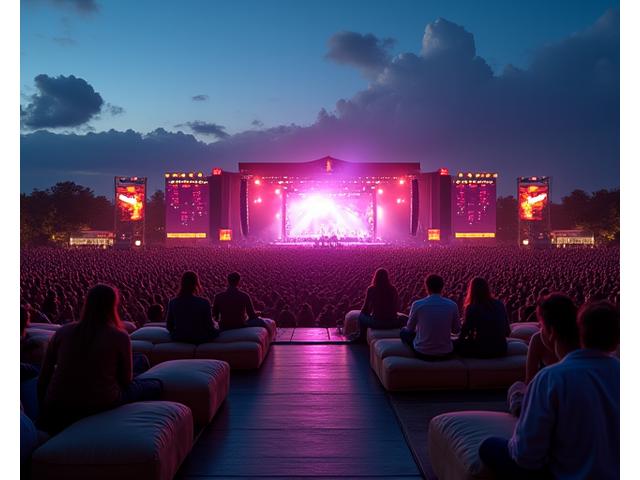 Dedicated VIP viewing platform offering an elevated, unobstructed view of a festival main stage, with comfortable seating and ambient lighting.